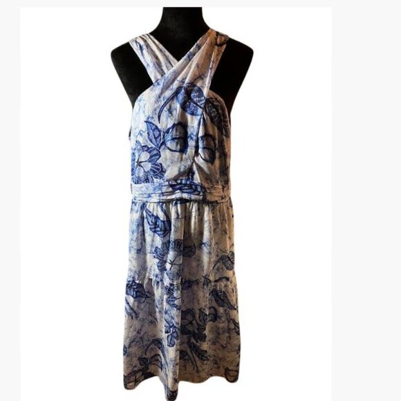 White House Black Market Dresses & Skirts - White House Black Market Blue White Clip Dot Halter BoHo Midi Dress Size 14 EUC